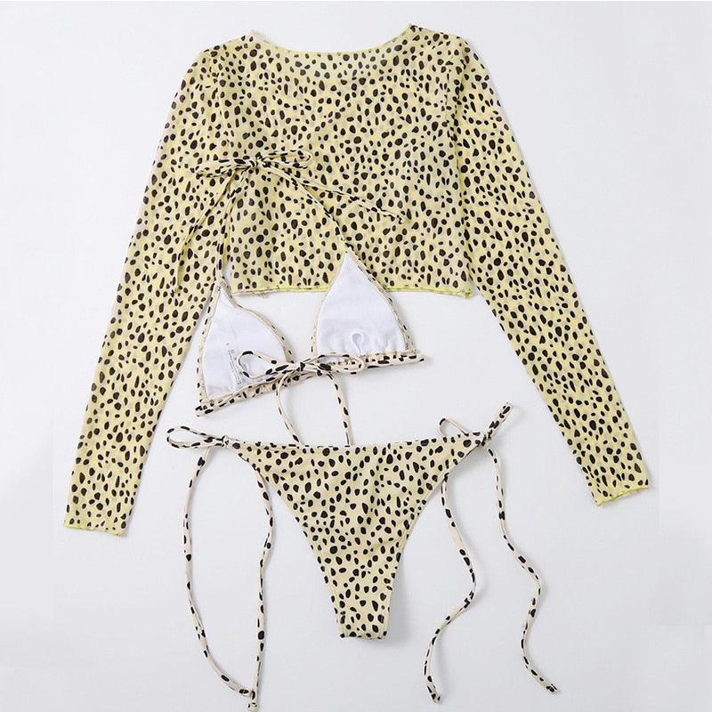 Leopard Print 3 Piece Swimsuit Set with Long Sleeves