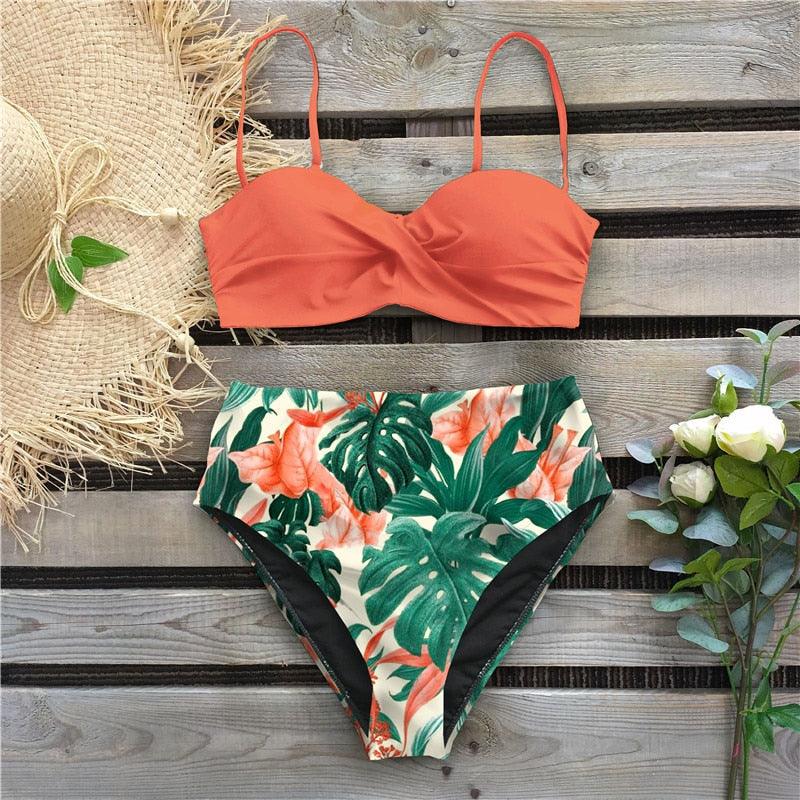 Vintage High Waist Floral Bikini Set for Women - Tummy Control Halter Swimwear - Korvel