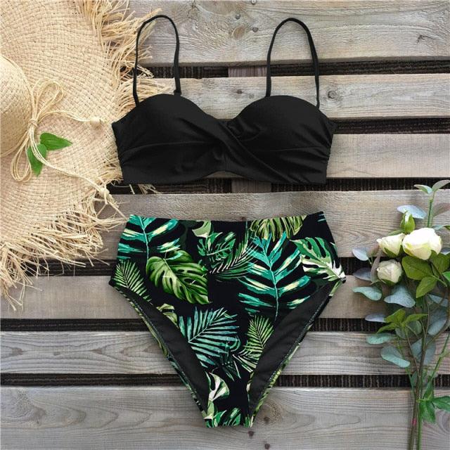 Vintage High Waist Floral Bikini Set for Women - Tummy Control Halter Swimwear - Korvel