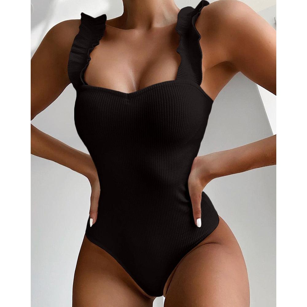 Elegant Black One-Piece Swimsuit with Ruffles