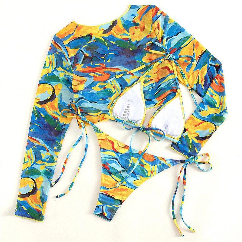 Leopard Print 3 Piece Swimsuit Set with Long Sleeves