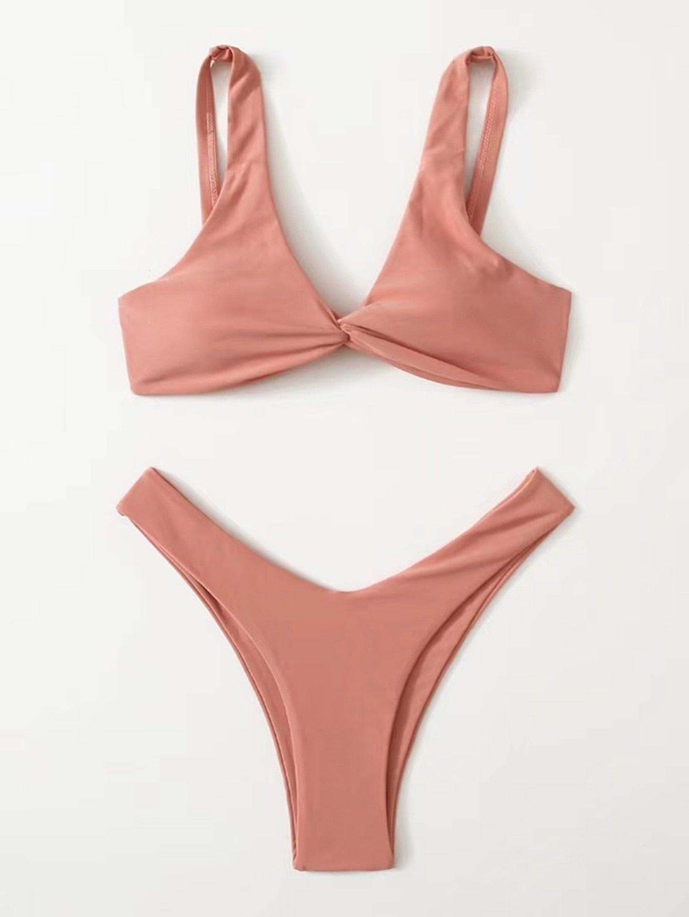 Chic Solid Color High Cut Padded Bikini Set for Women - Korvel
