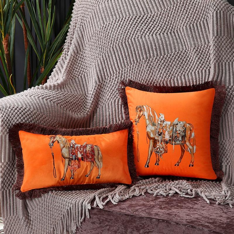 Housse de coussin en polyester imprimé de luxe avec bord à franges