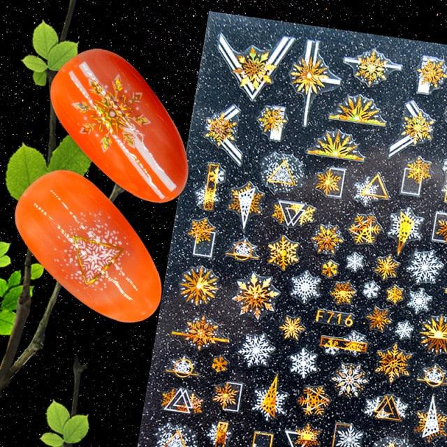 Elegant 3D Christmas Snowflake Nail Art Stickers - Gold & White Festive Designs - Korvel