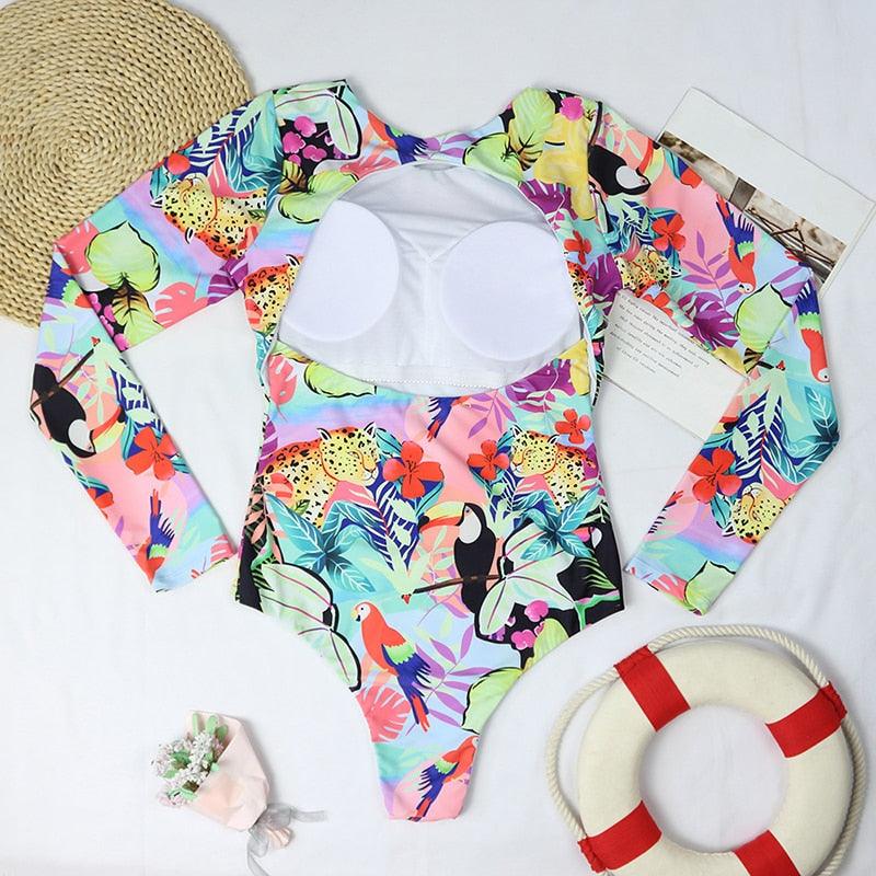 Conjunto de Bikini de Manga Larga con Estampado de Tigre para Mujeres
