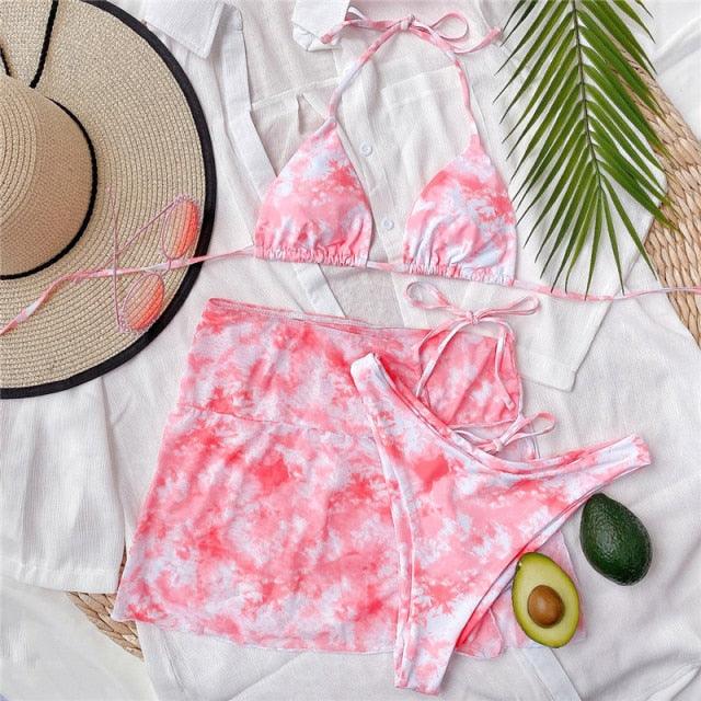 Ensemble de bikini taille haute pour femmes en 3 pièces avec jupe enveloppante