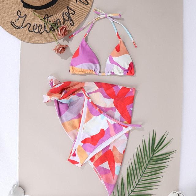 Ensemble de bikini taille haute pour femmes en 3 pièces avec jupe enveloppante