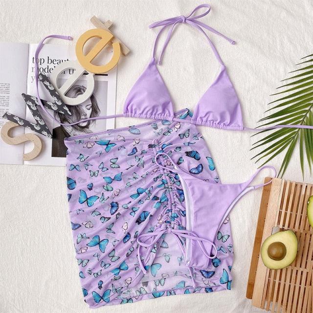 Ensemble de bikini taille haute pour femmes en 3 pièces avec jupe enveloppante
