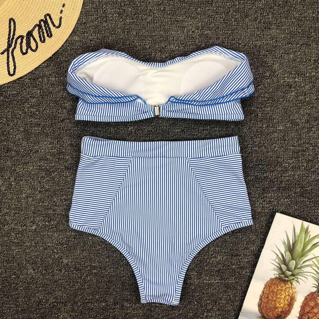 Conjunto de Bikini de Cintura Alta a Rayas Blancas y Azules Retro