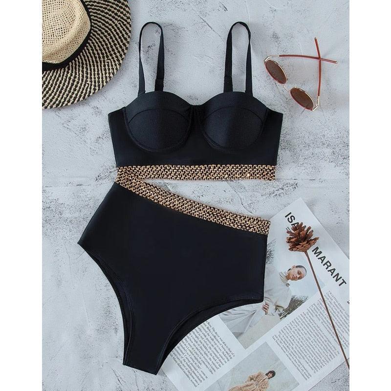 Ensemble de bikini noir taille haute de luxe pour femmes