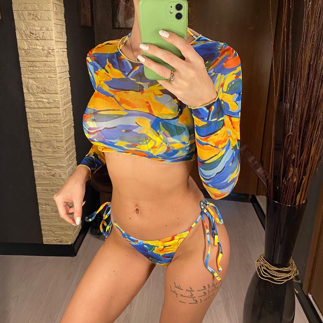 Chic Leopard Print Long Sleeve Bikini Set for Women - Stylish Swimwear - Korvel