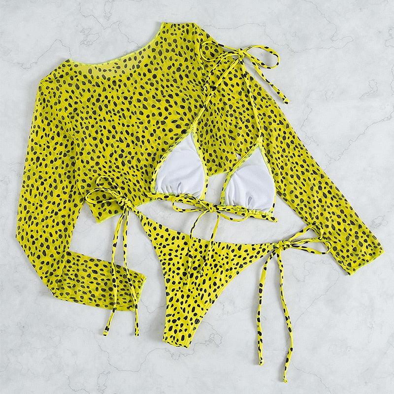Leopard Print 3 Piece Swimsuit Set with Long Sleeves
