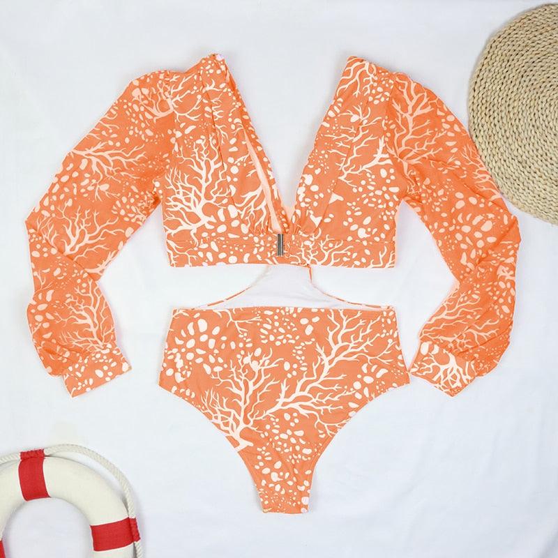 Conjunto de Bikini de Manga Larga con Estampado de Tigre para Mujeres