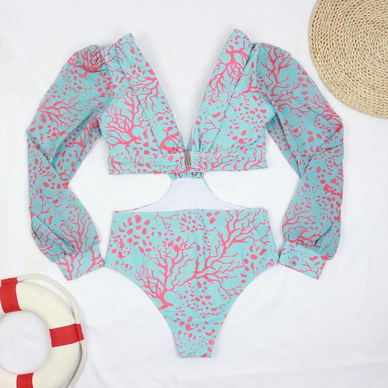 Conjunto de Bikini de Manga Larga con Estampado de Tigre para Mujeres
