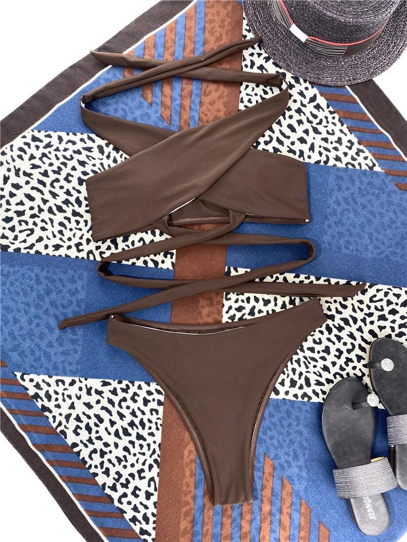 Ensemble de bikinis croisés à col halter - Maillots de bain pour femmes