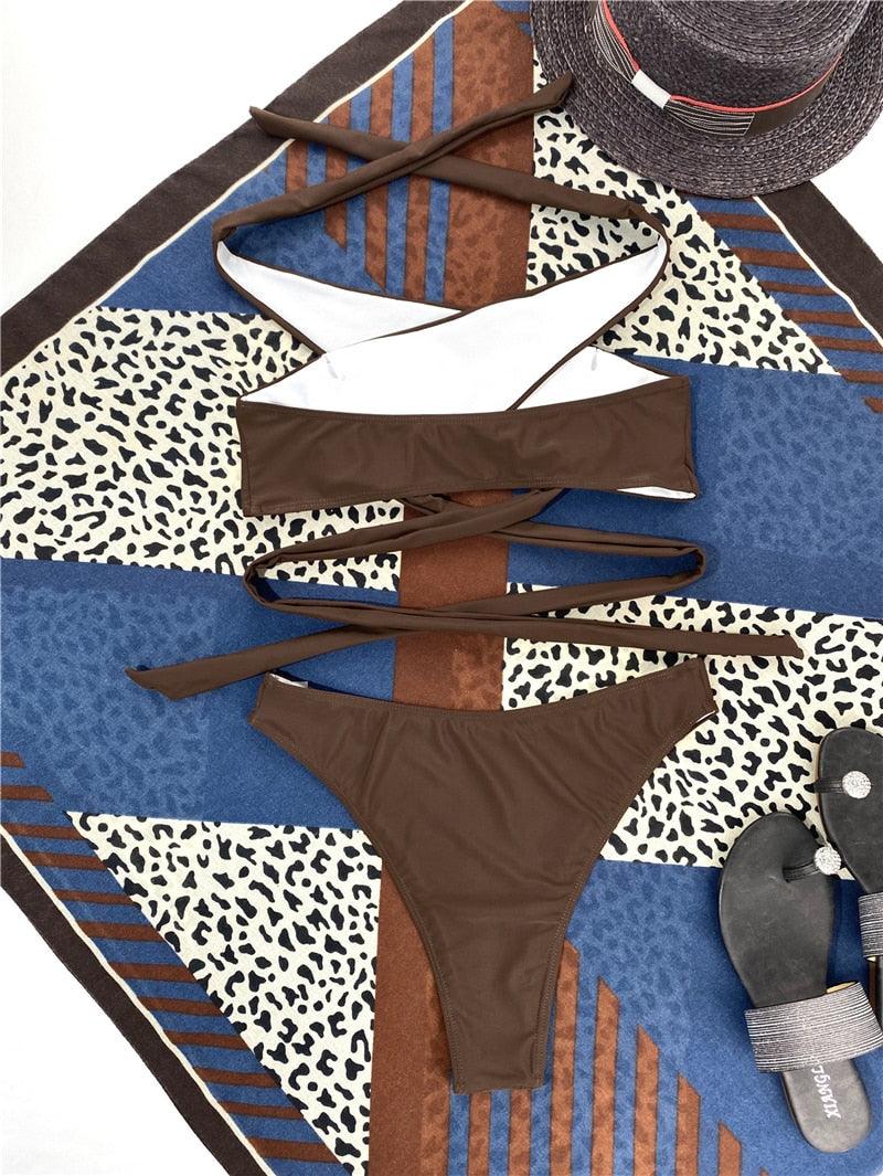 Ensemble de bikinis croisés à col halter - Maillots de bain pour femmes