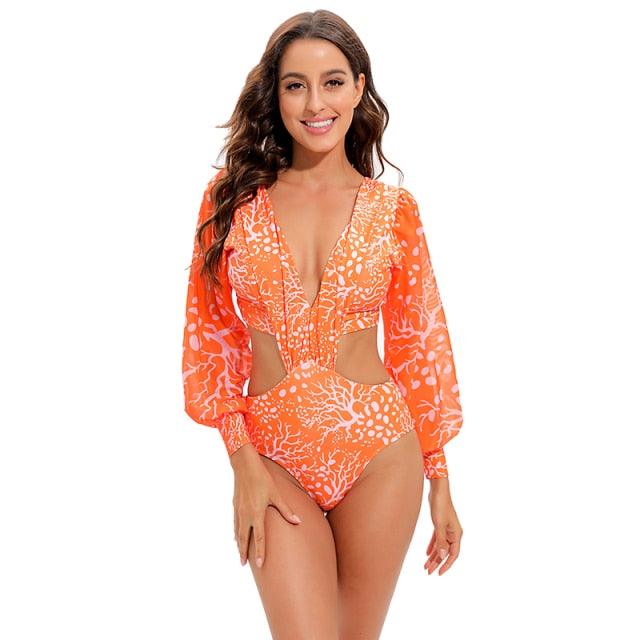 Conjunto de Bikini de Manga Larga con Estampado de Tigre para Mujeres
