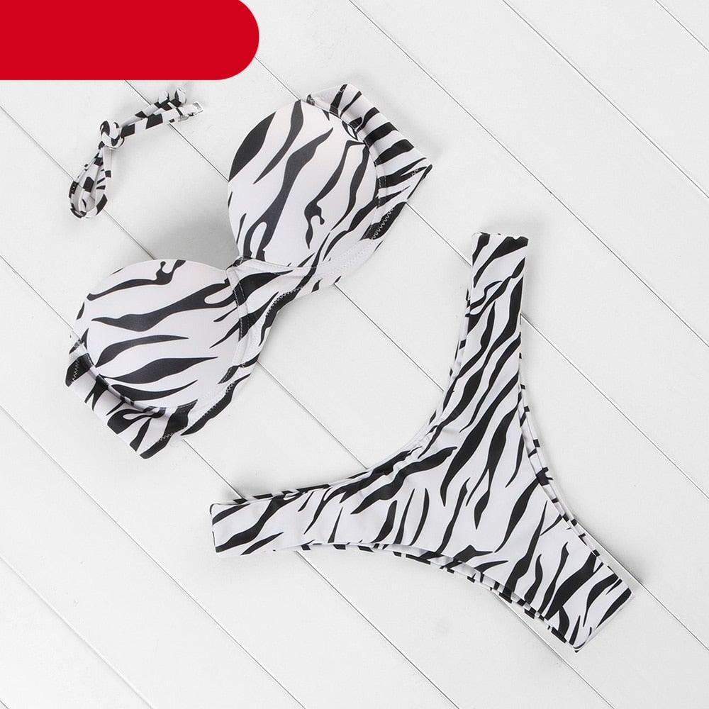 High Cut Solid Bikini Set with Underwire and Leopard Print