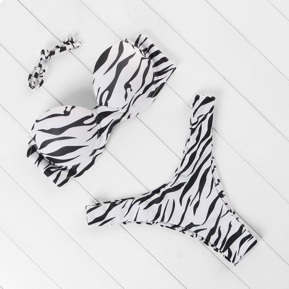 High Cut Solid Bikini Set with Underwire and Leopard Print