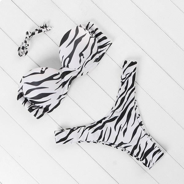 High Cut Solid Bikini Set with Underwire and Leopard Print