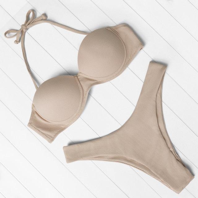 High Cut Solid Bikini Set with Underwire and Leopard Print