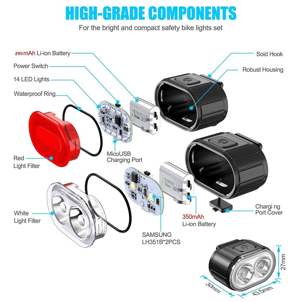 Luces LED recargables por USB para bicicletas - Conjunto de seguridad delantero y trasero