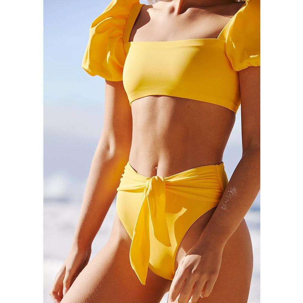 Chic High-Waisted Puff Sleeve Bikini Set for Women - Stylish Summer Swimwear - Korvel