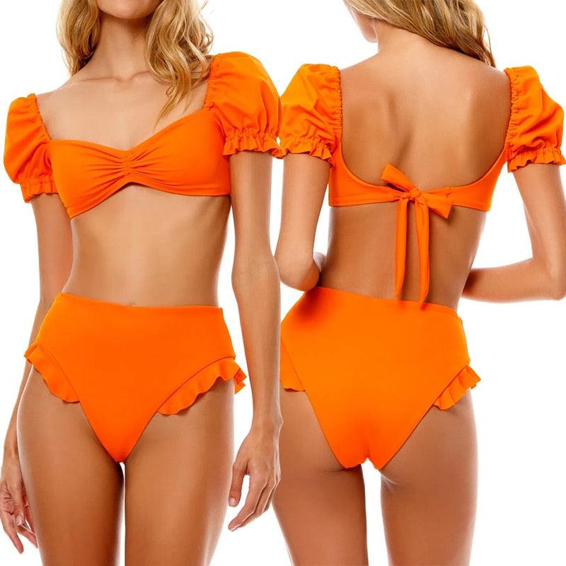 Chic High-Waisted Puff Sleeve Bikini Set for Women - Stylish Summer Swimwear - Korvel