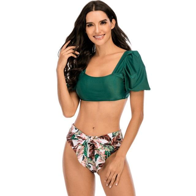 Chic High-Waisted Puff Sleeve Bikini Set for Women - Stylish Summer Swimwear - Korvel