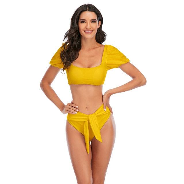 Chic High-Waisted Puff Sleeve Bikini Set for Women - Stylish Summer Swimwear - Korvel