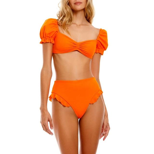 Chic High-Waisted Puff Sleeve Bikini Set for Women - Stylish Summer Swimwear - Korvel