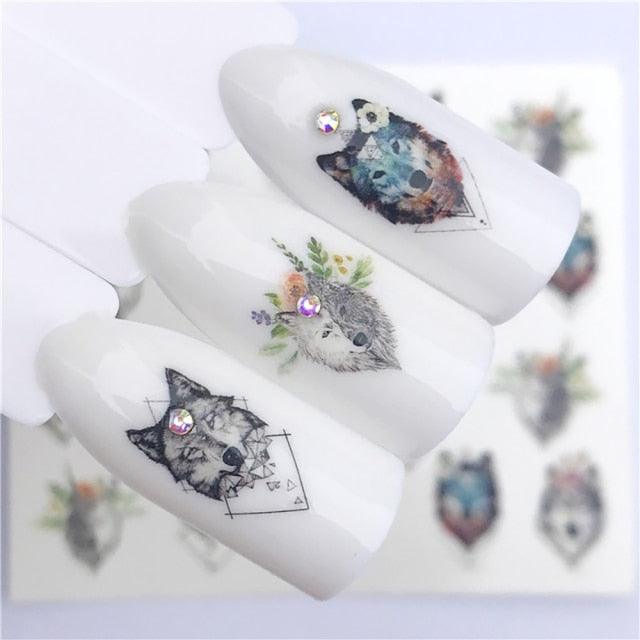 Autocollants d'art des ongles d'hiver - Designs d'élan et de loup