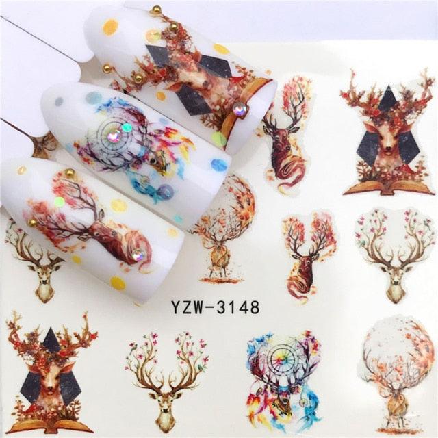 Autocollants d'art des ongles d'hiver - Designs d'élan et de loup