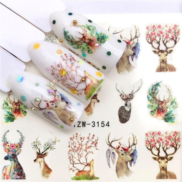Autocollants d'art des ongles d'hiver - Designs d'élan et de loup