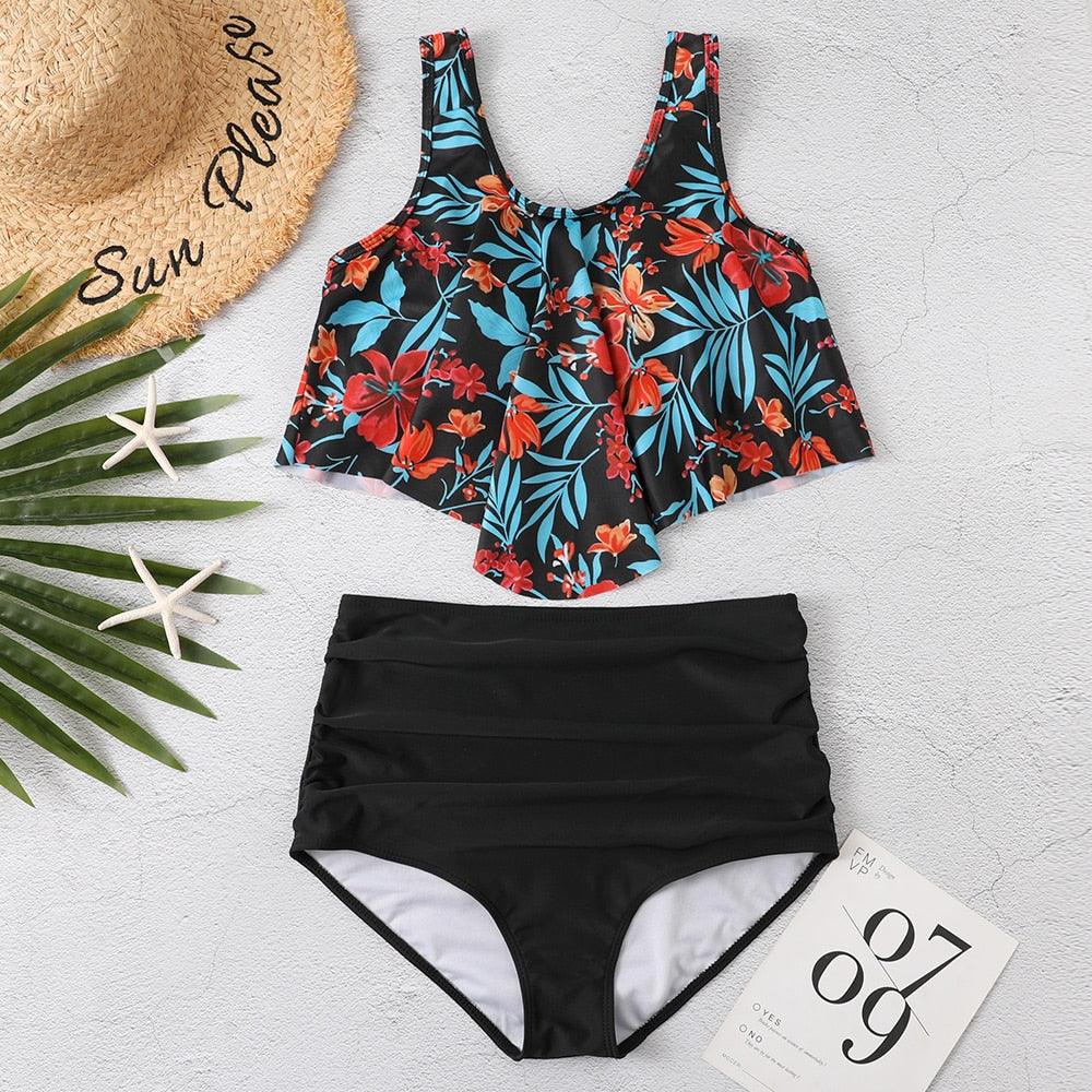 Conjunto de Bikini con Volantes de Cintura Alta para Tallas Grandes para Mujeres