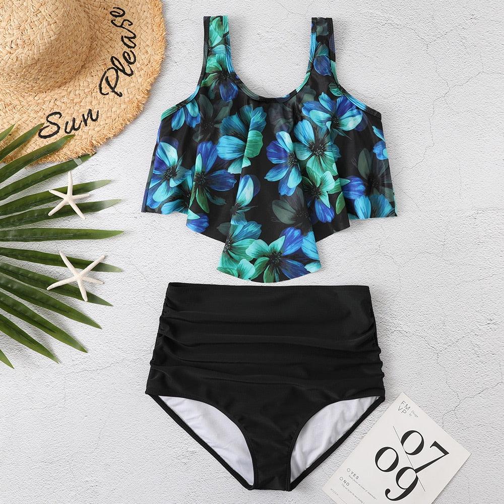Conjunto de Bikini con Volantes de Cintura Alta para Tallas Grandes para Mujeres