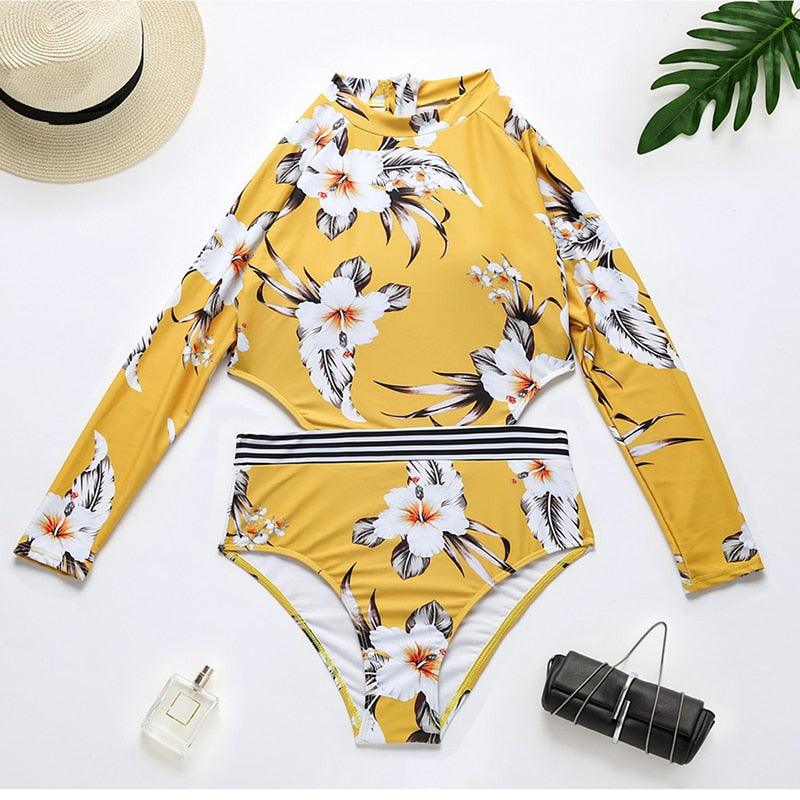 Conjunto de Bikini de Manga Larga con Estampado de Tigre para Mujeres