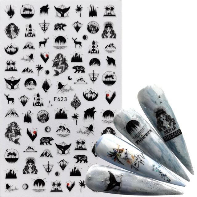 Elegant 3D Black Russia Letter Nail Art Stickers with Flamingo Design - Self-Adhesive Decals for Stunning Manicures - Korvel