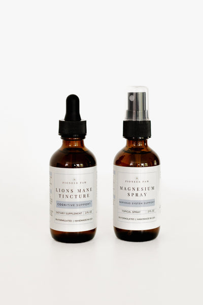 Combo de poder cerebral: Concentración, salud mental y apoyo al sistema nervioso - Tintura de melena de león + Espray de magnesio