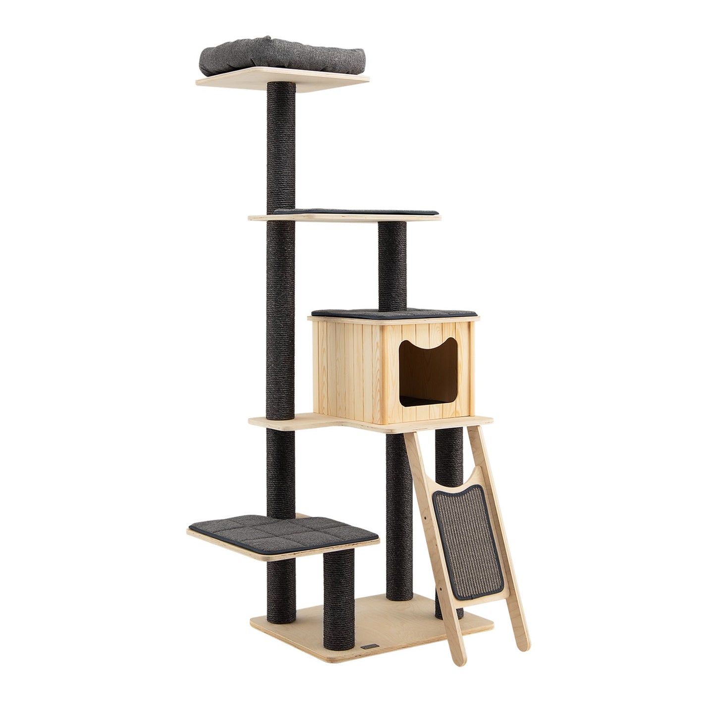 5-Tier Modern Wood Cat Tower with Washable Cushions - Gray