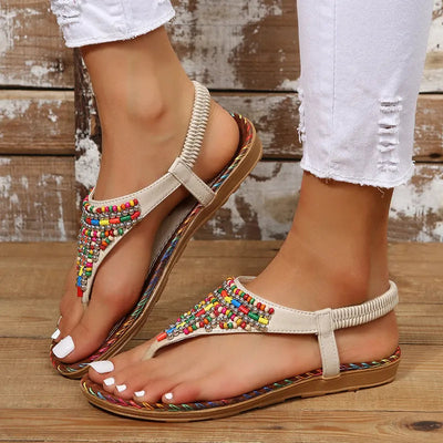 Sandales plates en cuir PU avec perles