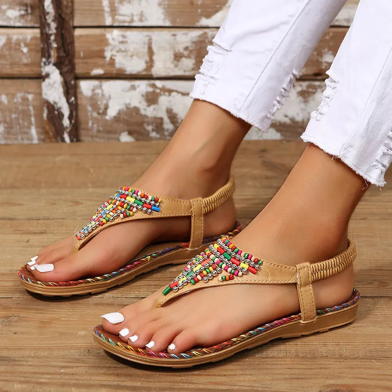 Sandales plates en cuir PU avec perles