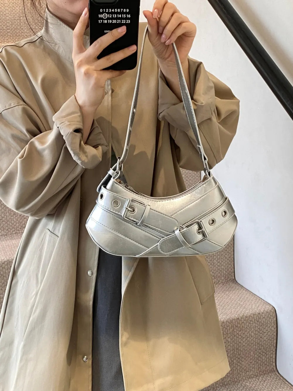 PU Leather Buckle Shoulder Bag - Korvel