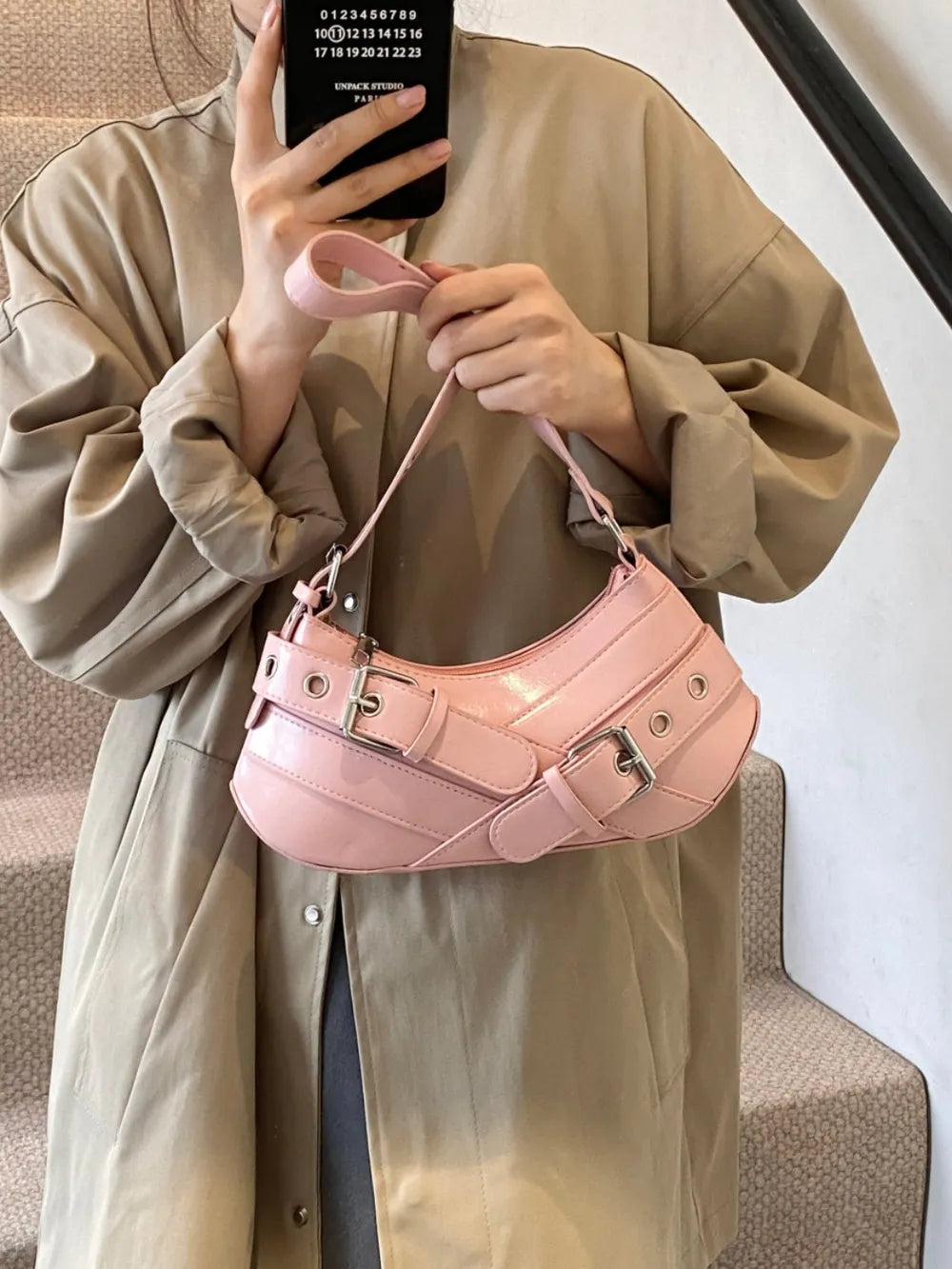 PU Leather Buckle Shoulder Bag - Korvel