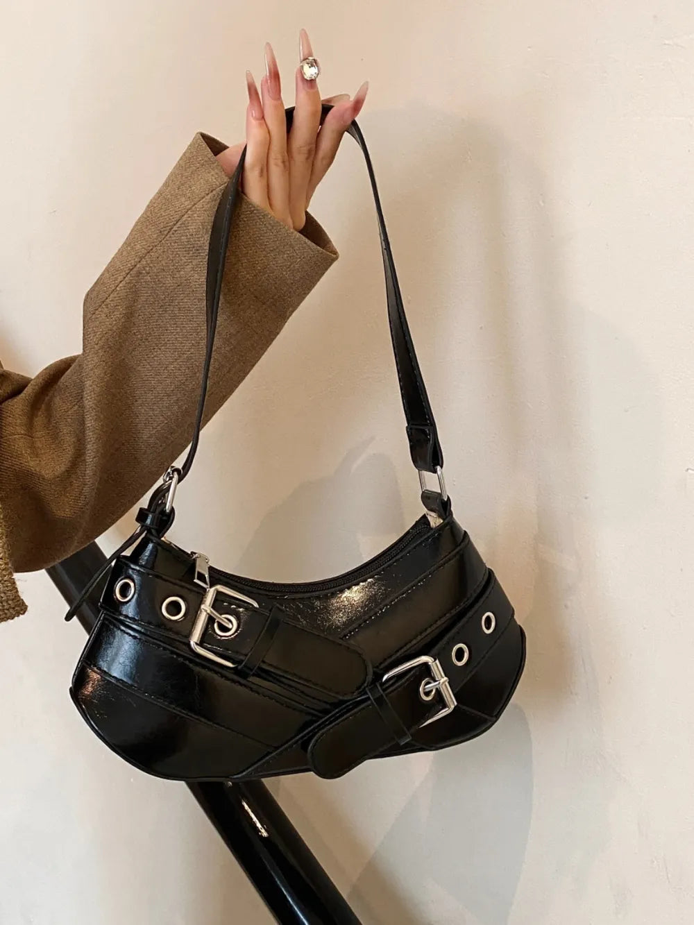 PU Leather Buckle Shoulder Bag - Korvel