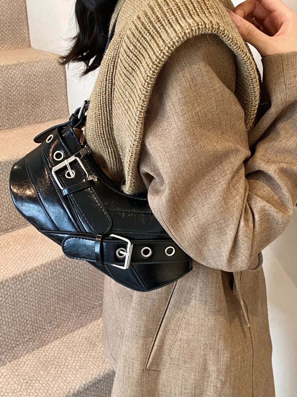 PU Leather Buckle Shoulder Bag - Korvel