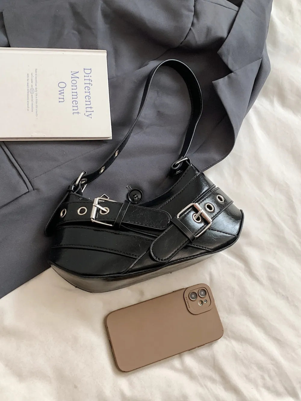 PU Leather Buckle Shoulder Bag - Korvel