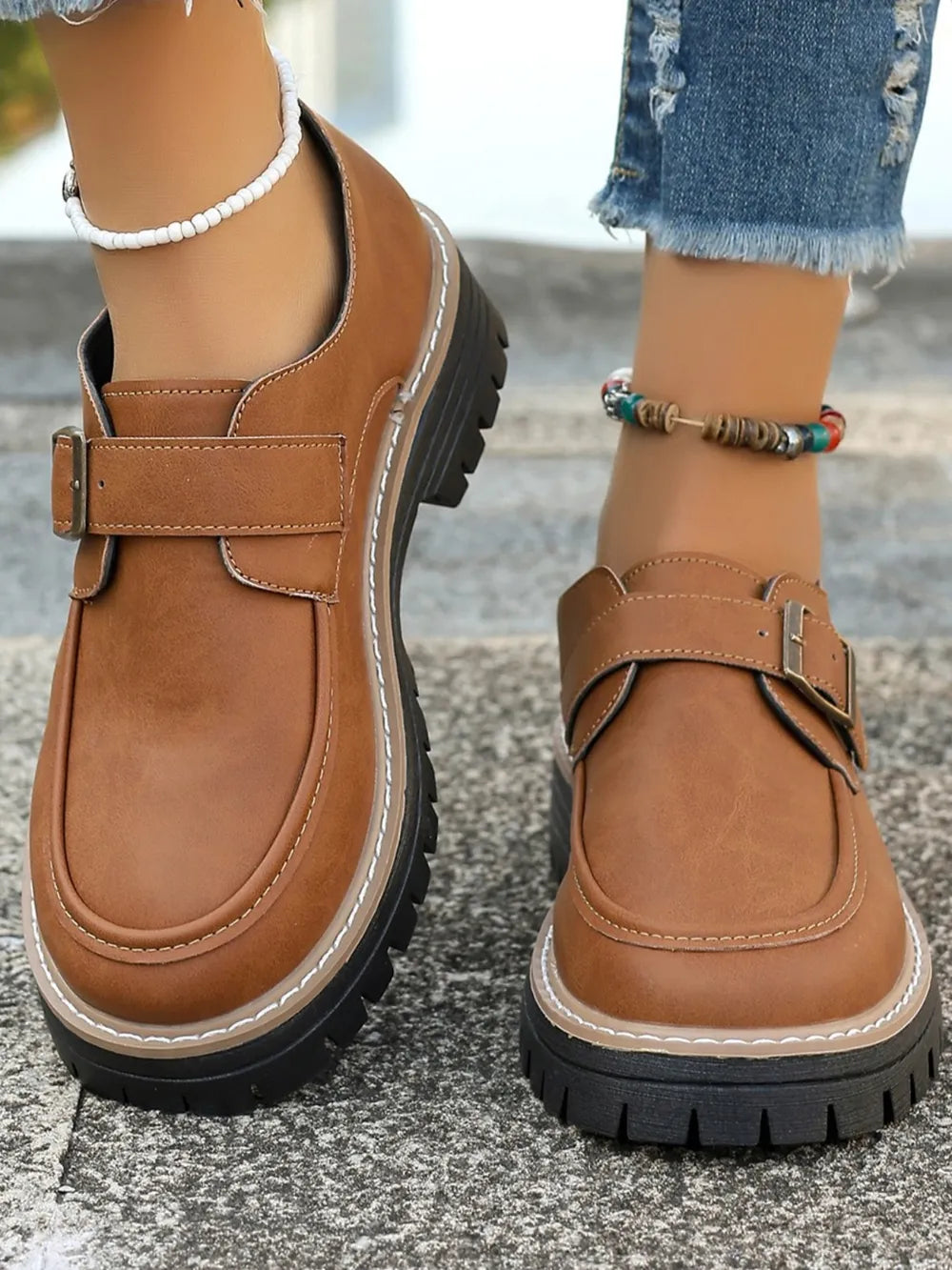 PU Leather Round Toe Buckle Loafers - Korvel