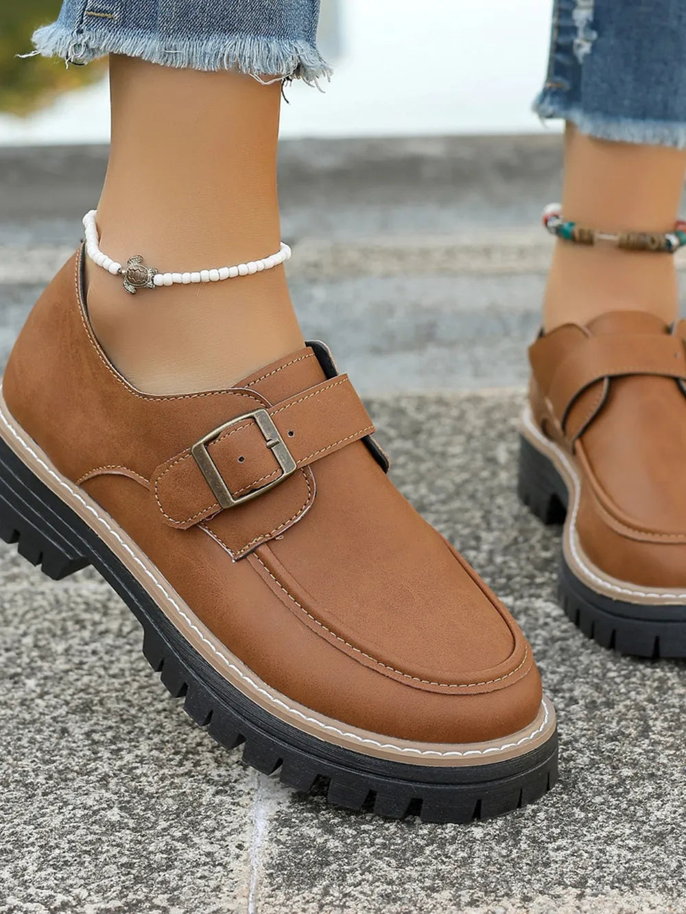 PU Leather Round Toe Buckle Loafers - Korvel
