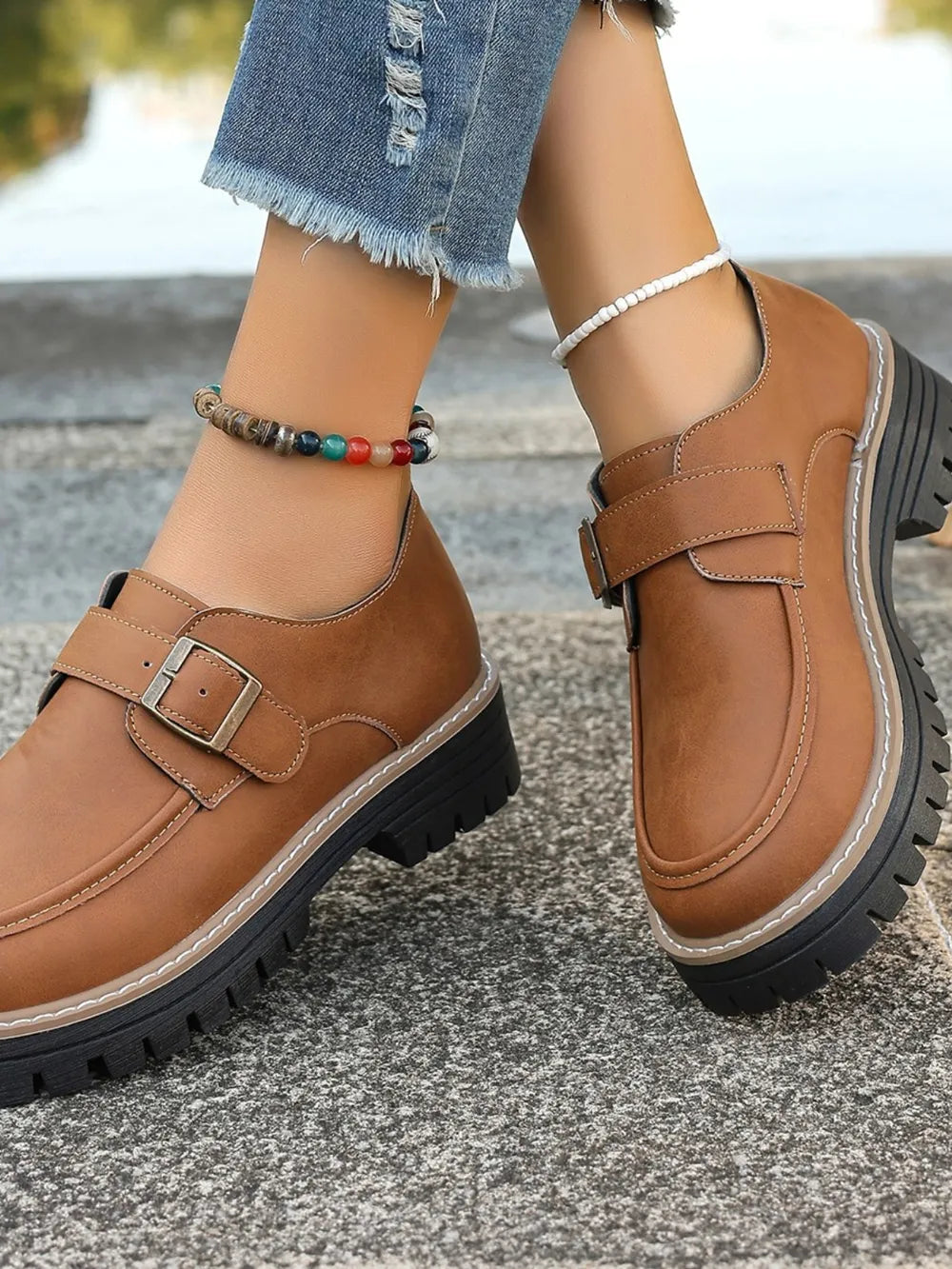 PU Leather Round Toe Buckle Loafers - Korvel